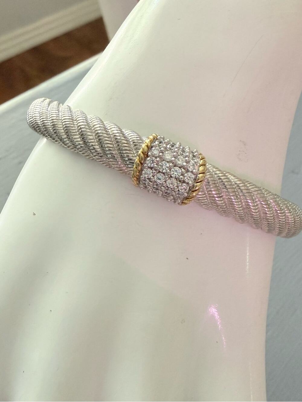 Judith Ripka Two-Tone 925 Sterling Silver Pave Crystal Rope Hinged Cuff Bracelet